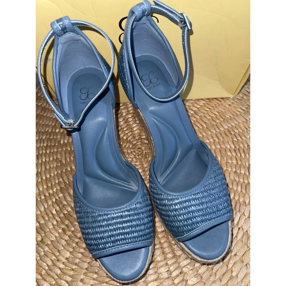 COSY ISLAND Blue‎ Raffia Wedge Sandals Round Toe Espadrille Platform Ankle Strap